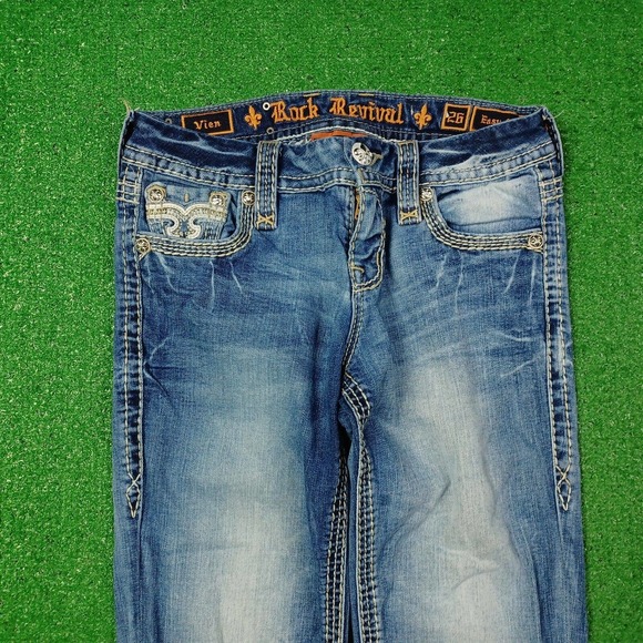 Rock Revival Jeans Womens 26 Vien Easy Crop Low Rise Stretch Faded Rhinestone - Picture 3 of 8
